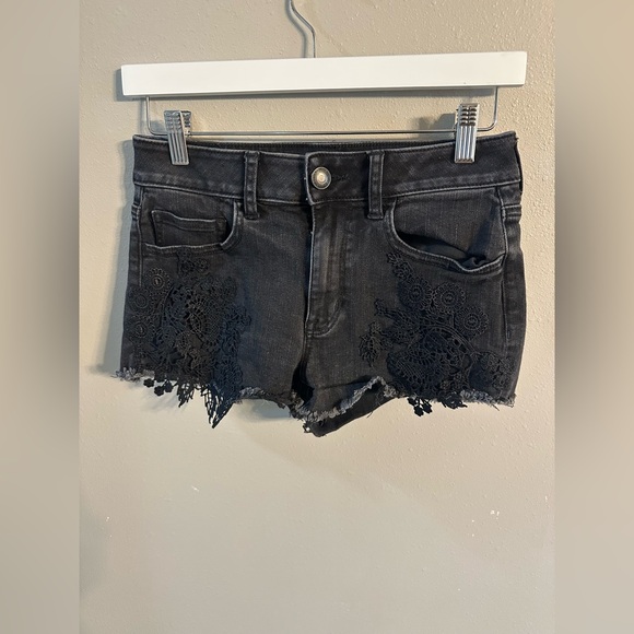 American Eagle Black Lace Denim Shorts Hi Rise Shortie - Picture 1 of 5